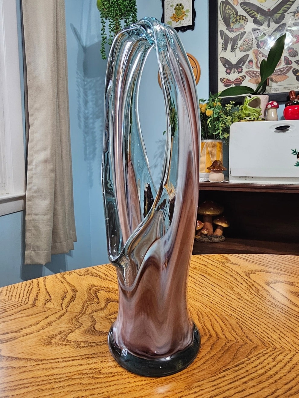 Vintage Hand Blown Mexican Plum Swirl Basket Vase Midcentury Purple